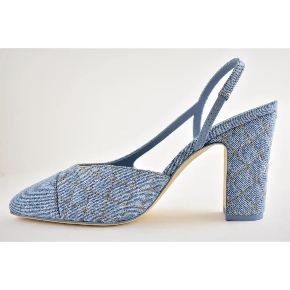 Chanel 26B Light Blue Denim Quilted Coco Sling Slingback Block Heel Pump 39.5c